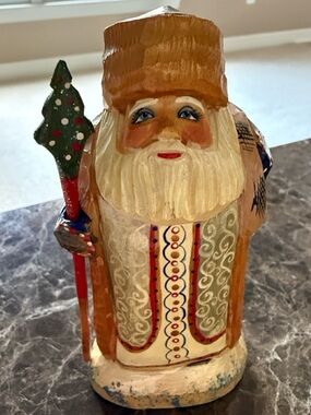 Russian Hand-Painted Holiday Santa Figurine - Gold and Red